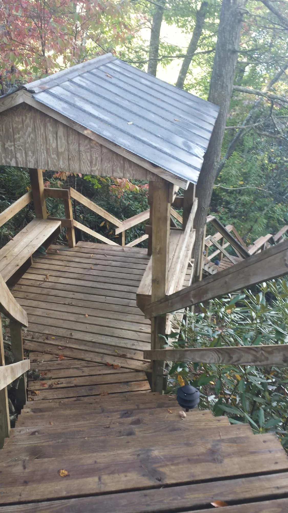 Metal roofed shelter over wooden steps on a wooded walkway — Skylight Repair & Installation work by our crew in Grass Lake